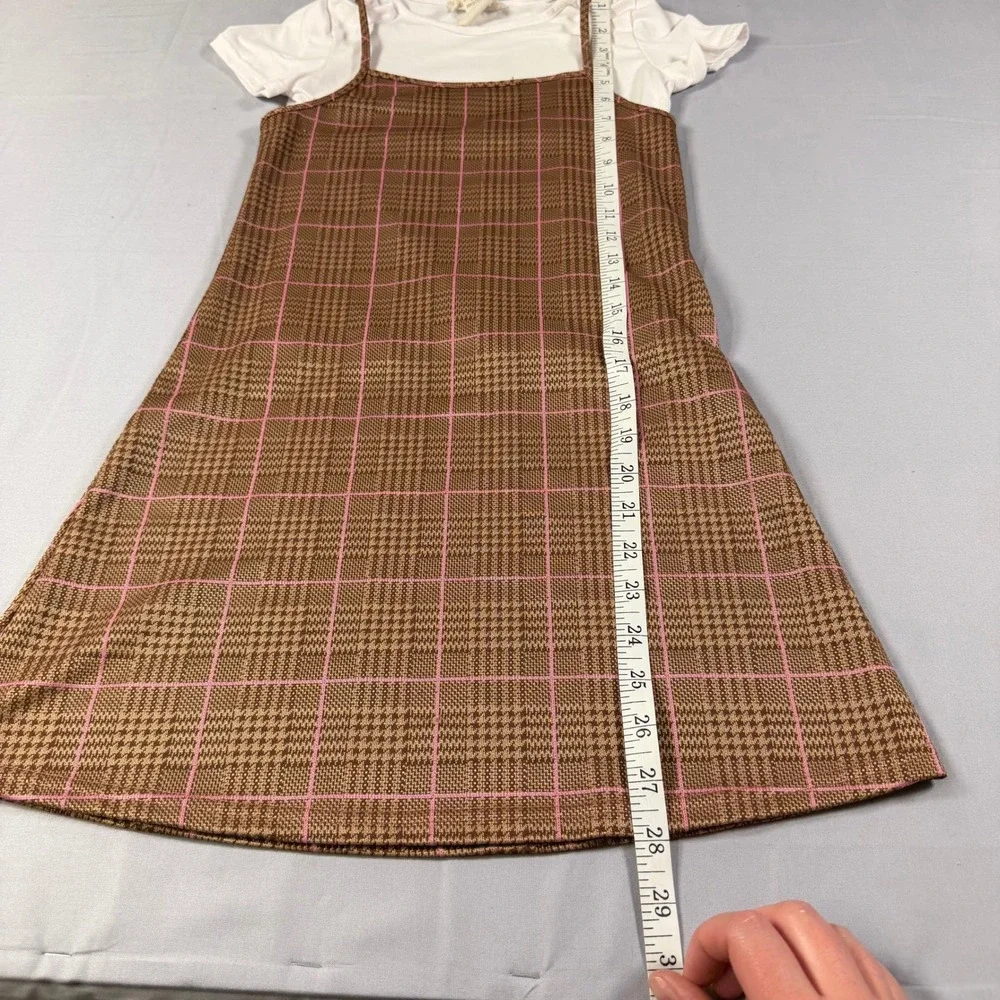 Shosho Girls Brown Pink Houndstooth Plaid Pinafore Dress White T-Shirt Set Sz 8